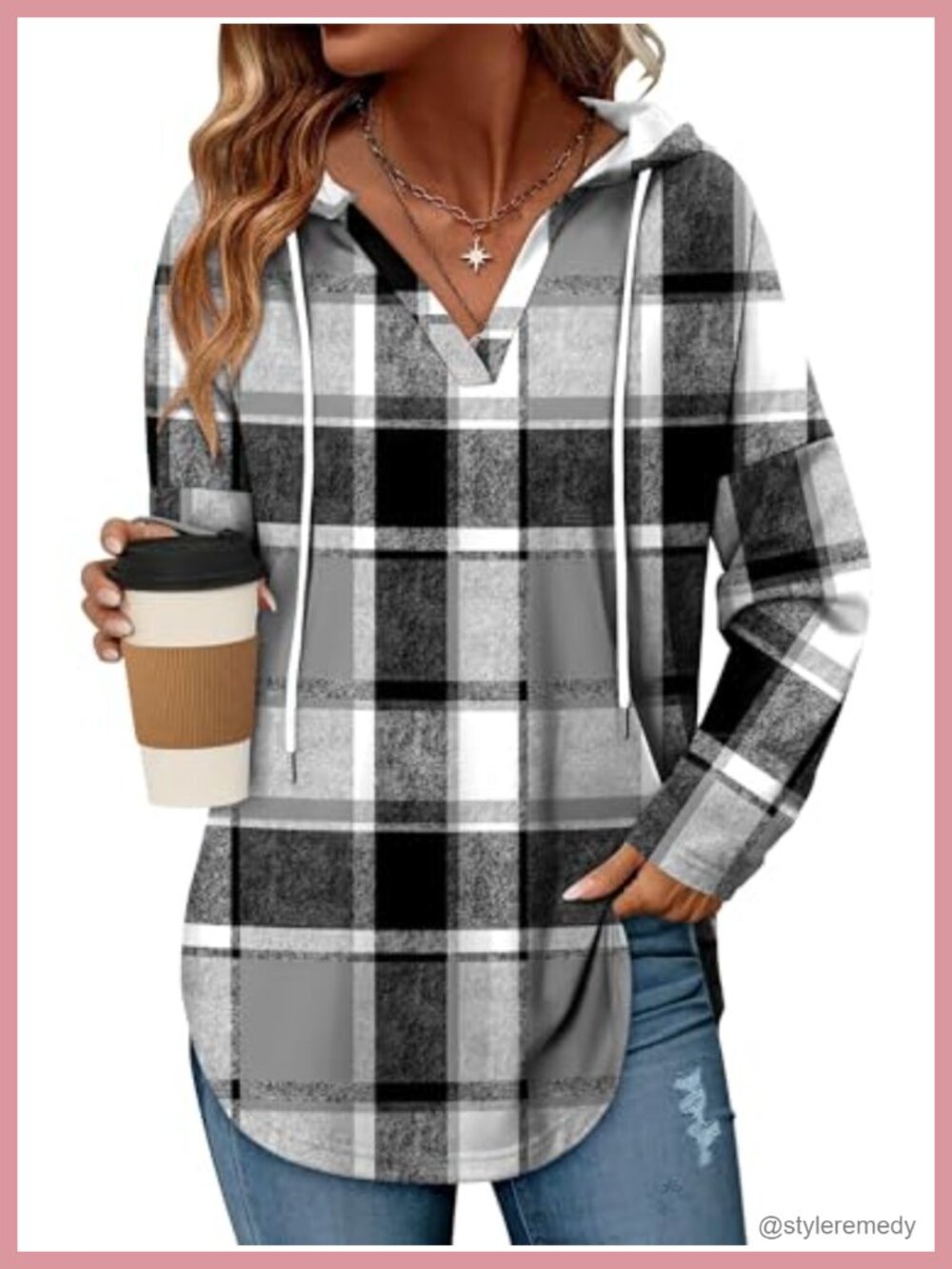 Womens Oversized V-Neck Pullover Hoodie Loose Fit Drawstring Sweatshirt